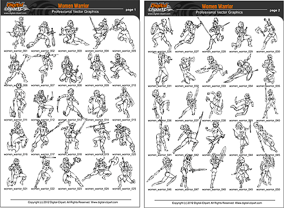 Women Warriors - PDF - catalog. Cuttable vector clipart in EPS and AI formats. Vectorial Clip art for cutting plotters.