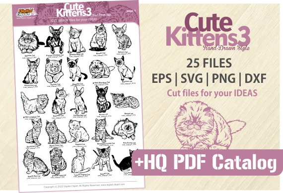 Cute Kittens3 - PDF - catalog. Cuttable vector clipart in EPS and AI formats. Vectorial Clip art for cutting plotters