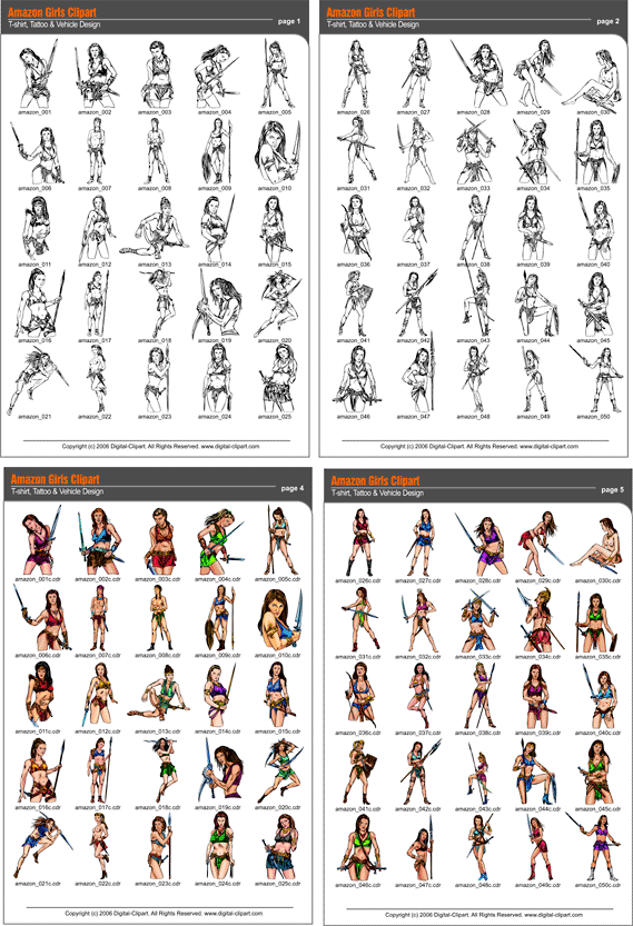 Amazon Girls-warriors. PDF - catalog. Cuttable vector clipart in EPS and AI formats. Vectorial Clip art for cutting plotters.
