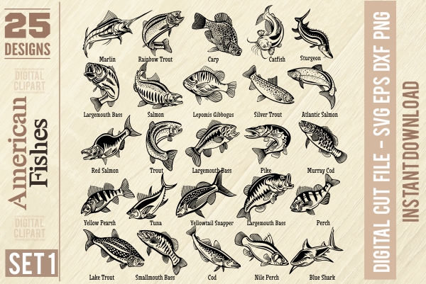 American Fishes - PDF - catalog. Cuttable vector clipart in EPS and AI formats. Vectorial Clip art for cutting plotters.