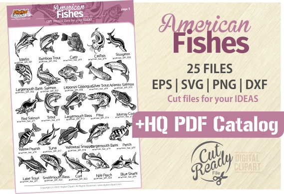 American Fishes - PDF - catalog. Cuttable vector clipart in EPS and AI formats. Vectorial Clip art for cutting plotters.