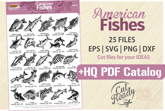 American Fishes - PDF - catalog. Cuttable vector clipart in EPS and AI formats. Vectorial Clip art for cutting plotters.