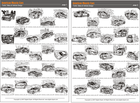 American Muscle Cars - PDF - catalog. Cuttable vector clipart in EPS and AI formats. Vectorial Clip art for cutting plotters.