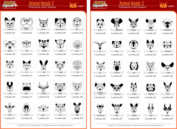 Animal Heads 3 - PDF - catalog. Cuttable vector clipart in EPS and AI formats. Vectorial Clip art for cutting plotters.