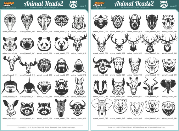 Animal Heads2. PDF - catalog. Cuttable vector clipart in EPS and AI formats. Vectorial Clip art for cutting plotters.