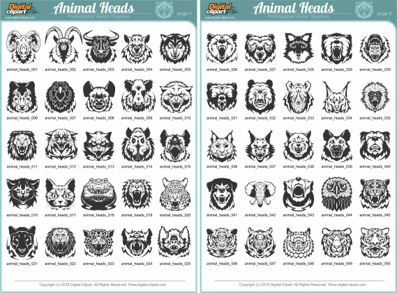 Animal Heads. PDF - catalog. Cuttable vector clipart in EPS and AI formats. Vectorial Clip art for cutting plotters.