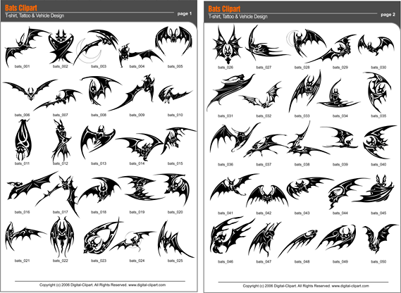 Tribal Bats. PDF - catalog. Cuttable vector clipart in EPS and AI formats. Vectorial Clip art for cutting plotters.