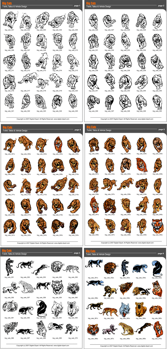 Big Cats - PDF - catalog. Cuttable vector clipart in EPS and AI formats. Vectorial Clip art for cutting plotters.
