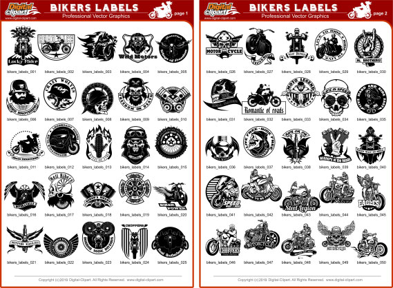 Bikers Labels - PDF - catalog. Cuttable vector clipart in EPS and AI formats. Vectorial Clip art for cutting plotters.