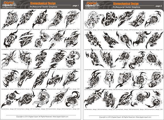 Biomechanical Designs - PDF - catalog. Cuttable vector clipart in EPS and AI formats. Vectorial Clip art for cutting plotters.