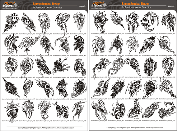 Biomechanical Designs - PDF - catalog. Cuttable vector clipart in EPS and AI formats. Vectorial Clip art for cutting plotters.