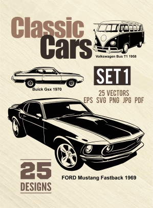 American Muscle Cars - Cuttable vector clipart in EPS and AI formats. Vectorial Clip art for cutting plotters.