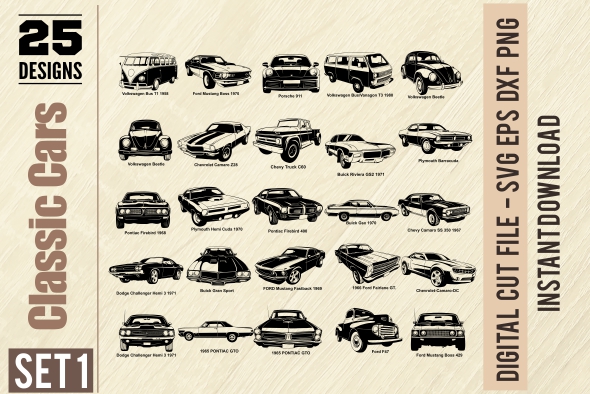 American Muscle Cars - PDF - catalog. Cuttable vector clipart in EPS and AI formats. Vectorial Clip art for cutting plotters.