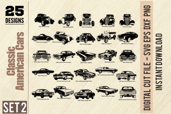 American Muscle Cars - PDF - catalog. Cuttable vector clipart in EPS and AI formats. Vectorial Clip art for cutting plotters.