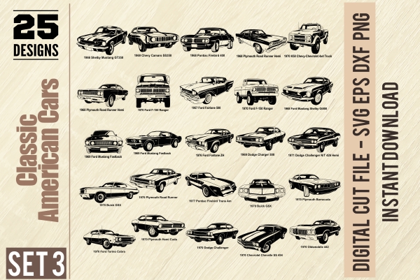 American Muscle Cars - PDF - catalog. Cuttable vector clipart in EPS and AI formats. Vectorial Clip art for cutting plotters.
