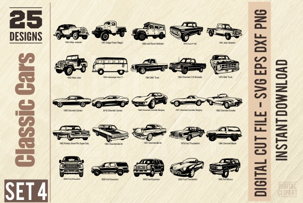 American Muscle Cars - PDF - catalog. Cuttable vector clipart in EPS and AI formats. Vectorial Clip art for cutting plotters.