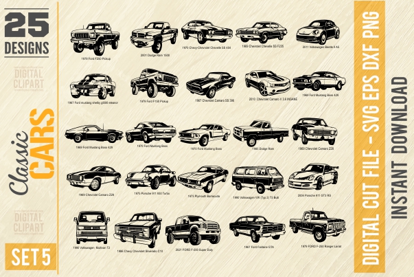 American Muscle Cars - PDF - catalog. Cuttable vector clipart in EPS and AI formats. Vectorial Clip art for cutting plotters.