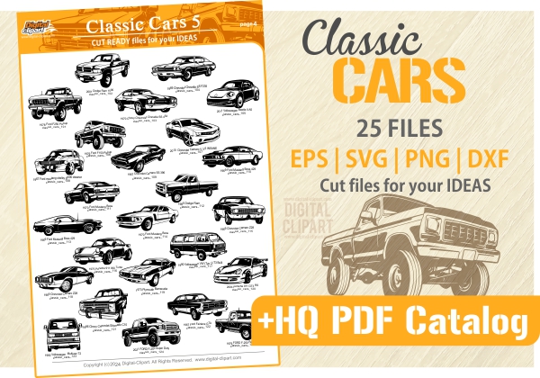 American Muscle Cars - PDF - catalog. Cuttable vector clipart in EPS and AI formats. Vectorial Clip art for cutting plotters.