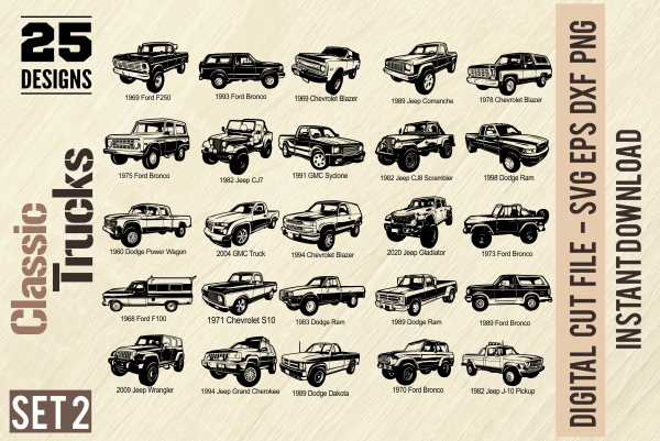 Classic Trucks 2 - American Muscle Cars - PDF - catalog. Cuttable vector clipart in EPS and AI formats. Vectorial Clip art for cutting plotters.