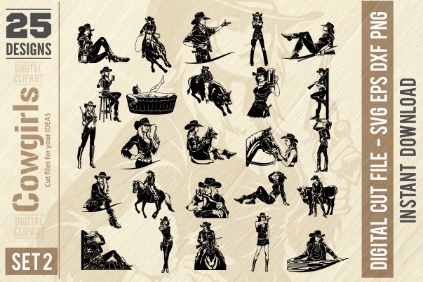 Cowgirls and Gangsters - PDF - catalog. Cuttable vector clipart in EPS and AI formats. Vectorial Clip art for cutting plotters.