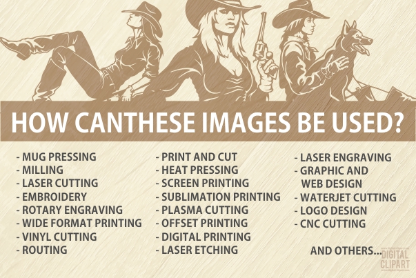 Cowgirls and Gangsters - PDF - catalog. Cuttable vector clipart in EPS and AI formats. Vectorial Clip art for cutting plotters.
