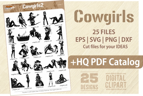 Cowgirls and Gangsters - PDF - catalog. Cuttable vector clipart in EPS and AI formats. Vectorial Clip art for cutting plotters.