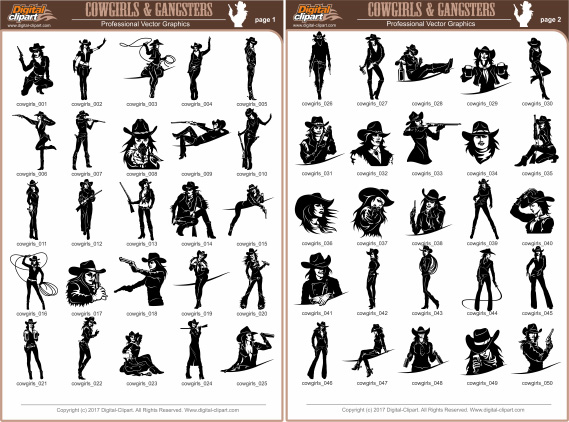 Cowgirls and Gangsters - PDF - catalog. Cuttable vector clipart in EPS and AI formats. Vectorial Clip art for cutting plotters.