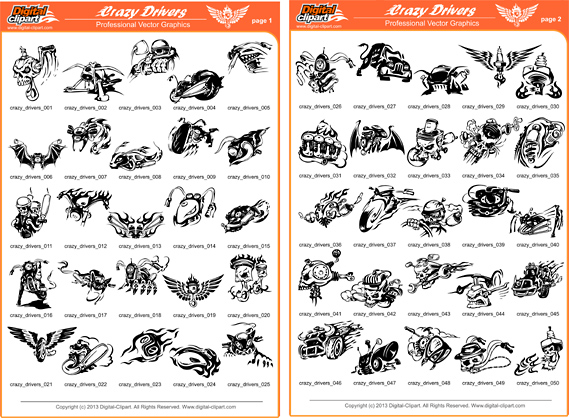 Crazy Drivers - PDF - catalog. Cuttable vector clipart in EPS and AI formats. Vectorial Clip art for cutting plotters.