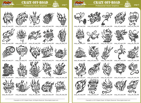 Crazy Off-Road - PDF - catalog. Cuttable vector clipart in EPS and AI formats. Vectorial Clip art for cutting plotters.