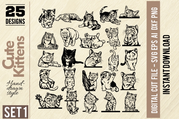 Cute Kittens - PDF - catalog. Cuttable vector clipart in EPS and AI formats. Vectorial Clip art for cutting plotters.
