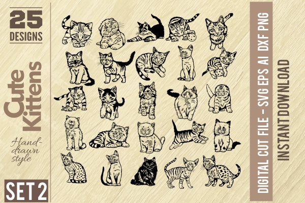 Cute Kittens - PDF - catalog. Cuttable vector clipart in EPS and AI formats. Vectorial Clip art for cutting plotters.