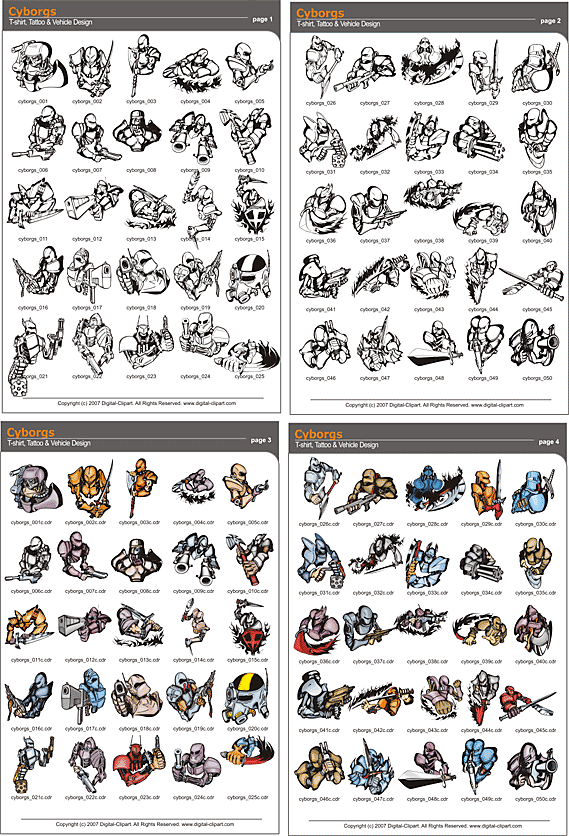 Cyborgs Clipart. PDF - catalog. Cuttable vector clipart in EPS and AI formats. Vectorial Clip art for cutting plotters.