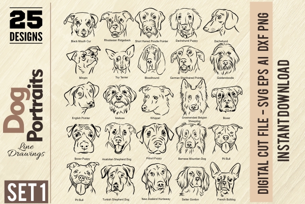 Dog Portraits - PDF - catalog. Cuttable vector clipart in EPS and AI formats. Vectorial Clip art for cutting plotters.