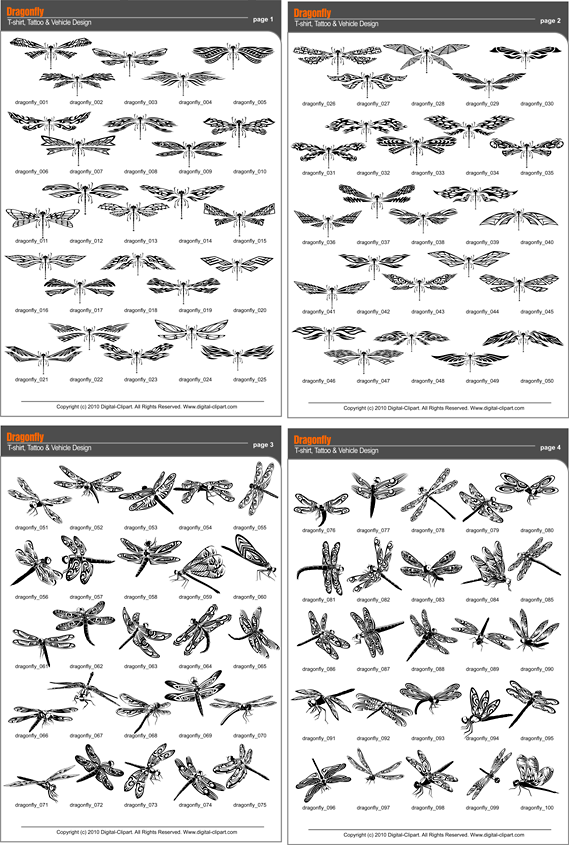 Dragonfly - PDF - catalog. Cuttable vector clipart in EPS and AI formats. Vectorial Clip art for cutting plotters.