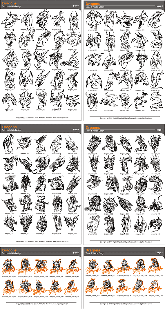 Dragons. PDF - catalog. Cuttable vector clipart in EPS and AI formats. Vectorial Clip art for cutting plotters.