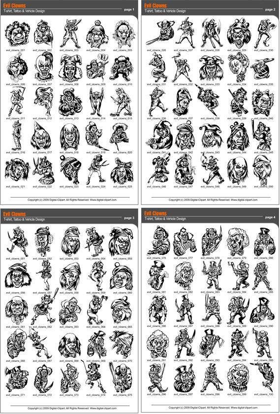 Evil Clowns - PDF - catalog. Cuttable vector clipart in EPS and AI formats. Vectorial Clip art for cutting plotters.