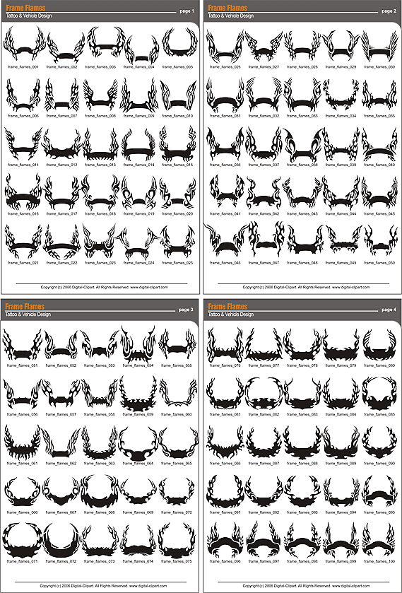Flaming Frames - Clip Art. PDF - catalog. Cuttable vector clipart in EPS and AI formats. Vectorial Clip art for cutting plotters.