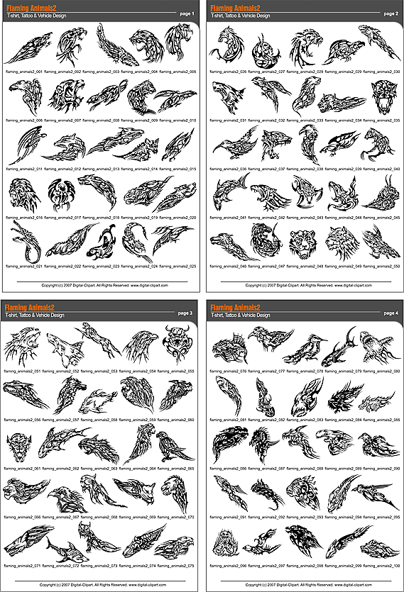 Flaming Animals - PDF - catalog. Cuttable vector clipart in EPS and AI formats. Vectorial Clip art for cutting plotters.
