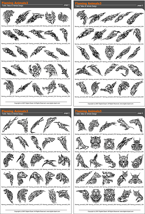 Flaming Animals - PDF - catalog. Cuttable vector clipart in EPS and AI formats. Vectorial Clip art for cutting plotters.