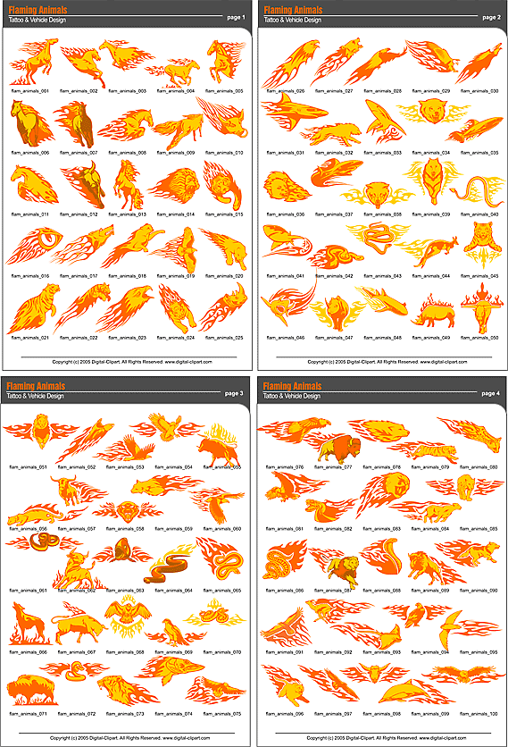 Flaming Animals Clip Art. PDF - catalog. Cuttable vector clipart in EPS and AI formats. Vectorial Clip art for cutting plotters.