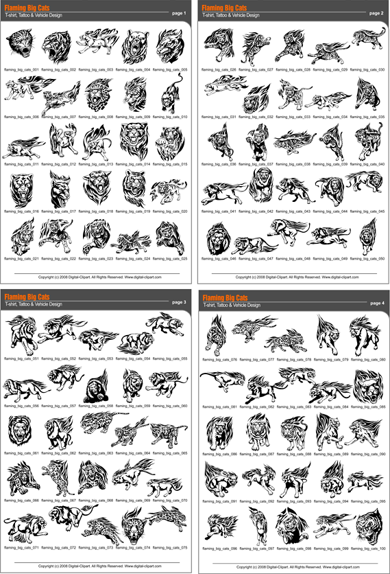 Flaming Big Cats - PDF - catalog. Cuttable vector clipart in EPS and AI formats. Vectorial Clip art for cutting plotters.