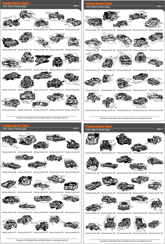 Flaming Hotrods - PDF - catalog. Cuttable vector clipart in EPS and AI formats. Vectorial Clip art for cutting plotters.