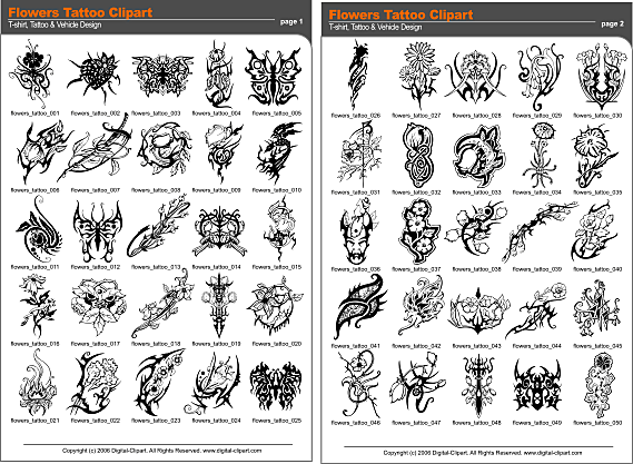 Flowers Tattoo - PDF - catalog. Cuttable vector clipart in EPS and AI formats. Vectorial Clip art for cutting plotters.