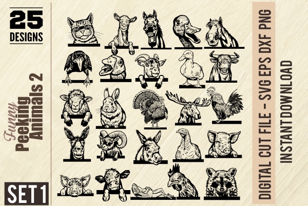 Funny Peeking Animals 2 - PDF - catalog. Cuttable vector clipart in EPS and AI formats. Vectorial Clip art for cutting plotters.