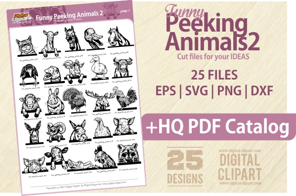 Funny Peeking Animals 2 - PDF - catalog. Cuttable vector clipart in EPS and AI formats. Vectorial Clip art for cutting plotters.