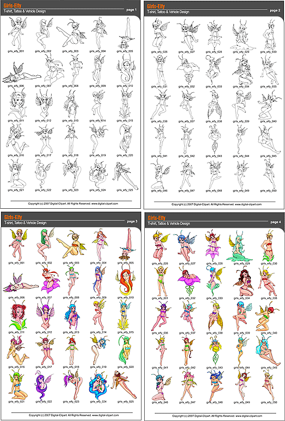 Girls-Elfy. PDF - catalog. Cuttable vector clipart in EPS and AI formats. Vectorial Clip art for cutting plotters.