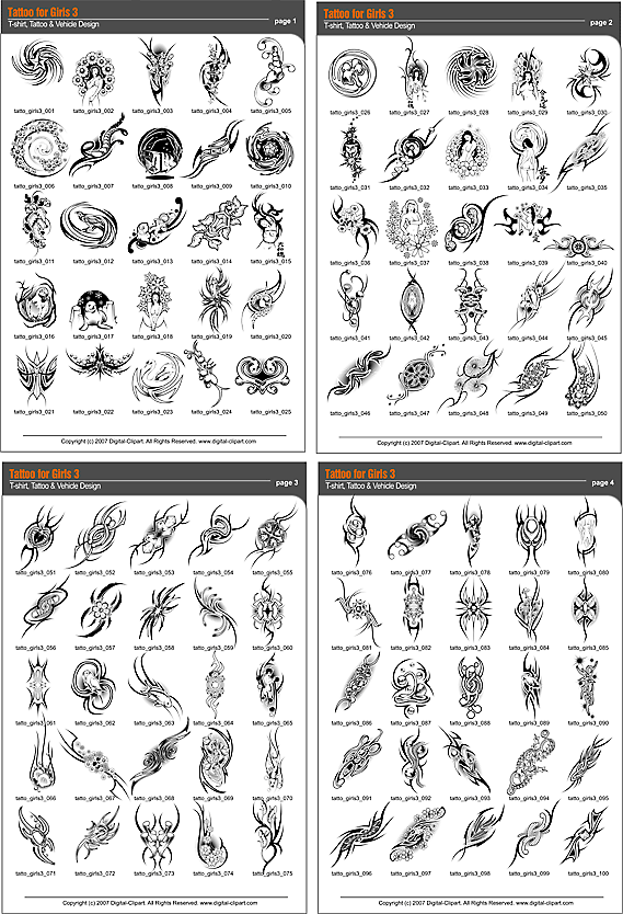 Tattoo for Girls 3 - PDF - catalog. Cuttable vector clipart in EPS and AI formats. Vectorial Clip art for cutting plotters.