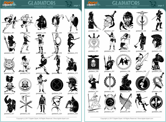 Gladiators Clipart  PDF - catalog. Cuttable vector clipart in EPS and AI formats. Vectorial Clip art for cutting plotters.