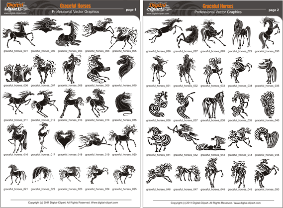 Graceful Horses  - PDF - catalog. Cuttable vector clipart in EPS and AI formats. Vectorial Clip art for cutting plotters.