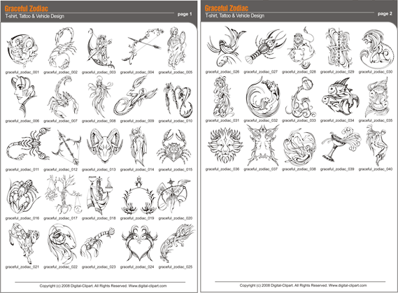 Graceful Zodiac - PDF - catalog. Cuttable vector clipart in EPS and AI formats. Vectorial Clip art for cutting plotters.
